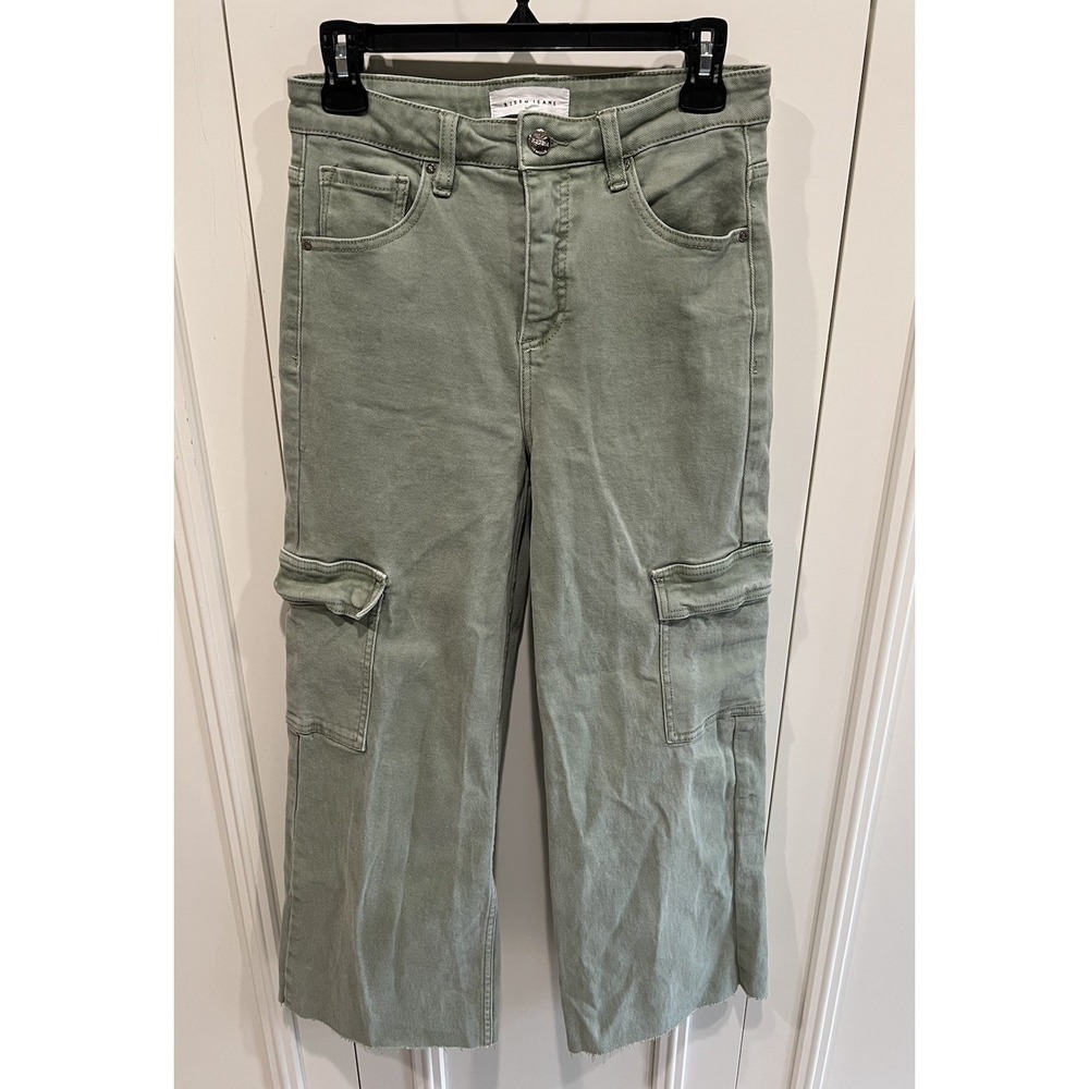 Risen Jeans Sage Green High Rise Wide Leg Cargo Pants Size 7/28 Raw Hem Boho‎